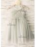 Beaded Gray Lace Tulle Flower Girl Dress
